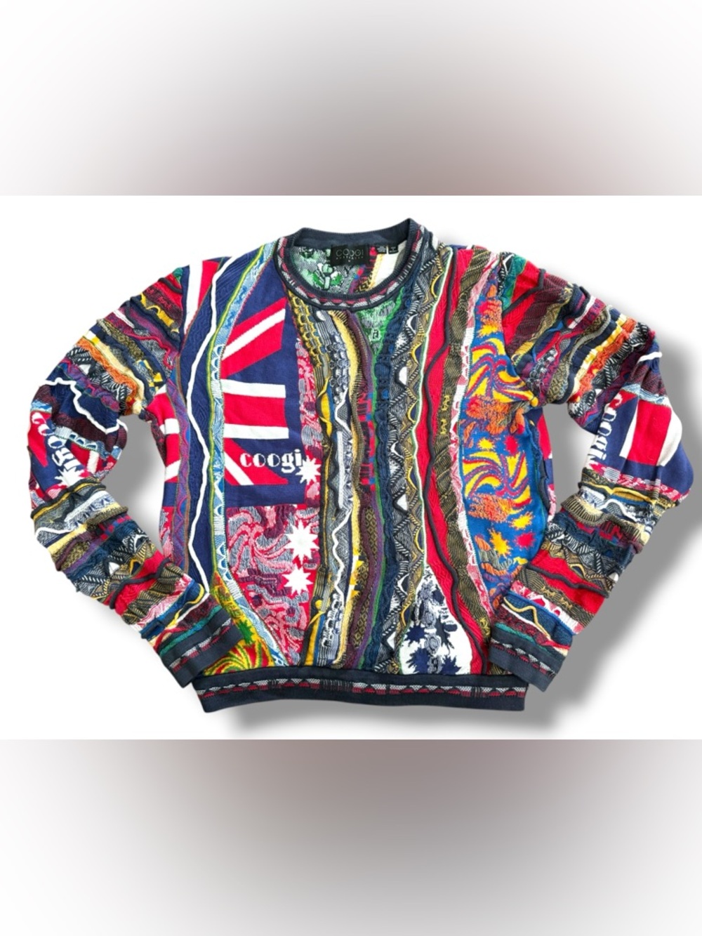 COOGI RARE VTG British Flag UK 3D Mercerized Cotton Knit Multi Crewneck Sweater